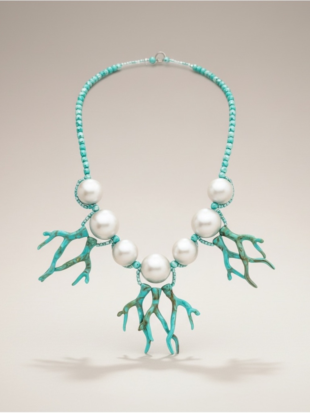 Turquoise Coral Statement Necklace Silver Beads Coastal Beach Resort Jewelry